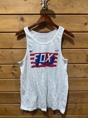 Fox White Tank with Red & Blue Striped Logo